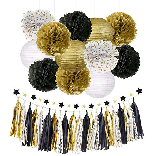 NICROLANDEE Schwarz Gold Party Silvester Deko, 28 Stück Papier Pompoms Laternen Sterngirlanden Party Dekorations for Neujahr New Year Dekoration, Geburtstagsdeko, Abschlussdekoration von NICROLANDEE