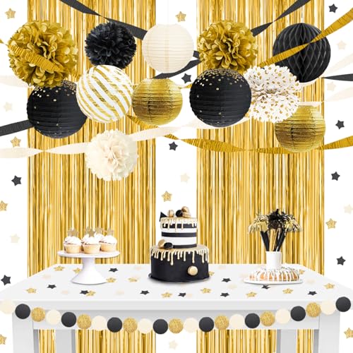 NICROLANDEE Schwarz-goldene Party-Dekorationen, 22 Stück, goldfarbene Metallic-Folie, Fransenhintergrund, Papierlaternen, Seidenpapier-Pompons, Dekoration für Hochzeit, Geburtstag, Abschlussfeier, NICROLANDEE Schwarz-goldene Party-Dekorationen, 22 Stück, goldfarbene Metallic-Folie, Fransenhintergrund, Papierlaternen, Seidenpapier-Pompons, Dekoration für Hochzeit, Geburtstag, Abschlussfeier, von NICROLANDEE