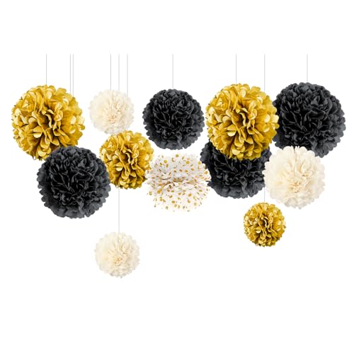 NICROLANDEE Schwarzgold Partydekorationen - 12 PCS Schwarzgold Weiß Seidenpapier Pom Poms für Hochzeit, Geburtstag, Babyparty, Brautdusche, Abschlussball, Festival Weihnachten Karneval von NICROLANDEE