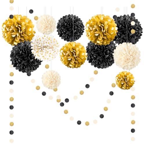 NICROLANDEE Seidenpapier Pompons Deko 15 Stück, Schwarzes Gold Tissue Papier Pom Poms und Dots Papier Girlande, Party Dekorationen für Hochzeit, Abschlussball, Silvester Deko 2025 NICROLANDEE Seidenpapier Pompons Deko 15 Stück, Schwarzes Gold Tissue Papier Pom Poms und Dots Papier Girlande, Party Dekorationen für Hochzeit, Abschlussball, Silvester Deko 2025 von NICROLANDEE