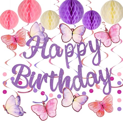 Geburtstagsdeko, Schmetterling Geburtstagsdeko Mädchen, Happy Birthday Girlande, Lila Happy Birthday Deko mit Wabenball, Wiederverwendbare Geburtstagsdeko, Geburtstag Party Deko für Frauen Mädchen Geburtstagsdeko, Schmetterling Geburtstagsdeko Mädchen, Happy Birthday Girlande, Lila Happy Birthday Deko mit Wabenball, Wiederverwendbare Geburtstagsdeko, Geburtstag Party Deko für Frauen Mädchen von NIEEKRUN