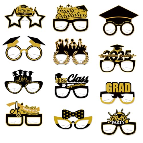 NIEEKRUN 12 Stück Abschluss Brillen, Graduation Brillen Papier 2025 Graduation Deko Fotobox Accessoires, Abschlussfeiern Photo Booth Props Abschlussfeier Brille für Graduation Fotorequisiten von NIEEKRUN