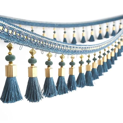 NIHUJALE Fransenbesatz, geflochtene Hängeperlen, 1 Meter Fransenkantenbesatz for DIY Vorhang Tischdekoration Stoffbandbesatz(Blue) von NIHUJALE