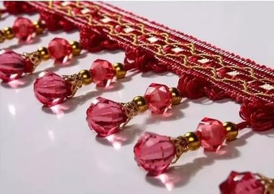 NIHUJALE Fransenbesatz, geflochtene Hängeperlen, 1 Meter geflochtene hängende Perlen Fransenbesatz Trimmen Nähen Fransen Polsterstoff Sofa Tisch(Rose Red) von NIHUJALE