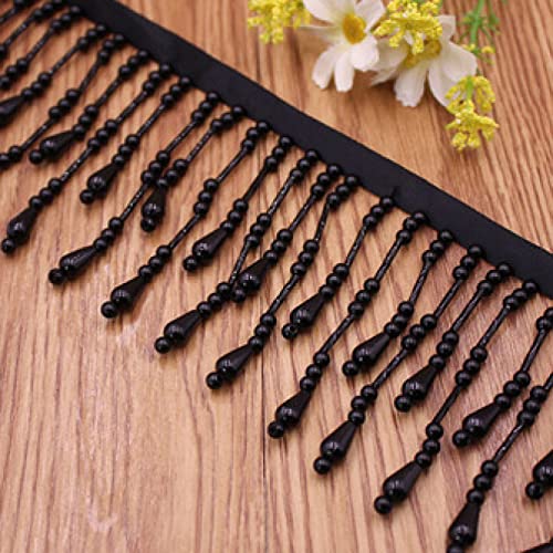 NIHUJALE Fransenbesatz, geflochtene Hängeperlen, 1 Yards Perle Perlen Quaste Spitze Trim Hochzeit Kleid Vorhang Lampenschirme Dekoration Hängende Perlen Anhänger Band Fringe(Black,2 Yards) von NIHUJALE