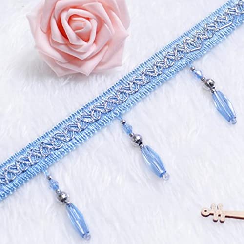NIHUJALE Fransenbesatz, geflochtene Hängeperlen, 11 Yards Kristallperlen Quaste Fransenbesatz Vorhang Lampenschirme Rand Anhänger Home Polster DIY Dekoration Nähzubehör(Light Blue) von NIHUJALE