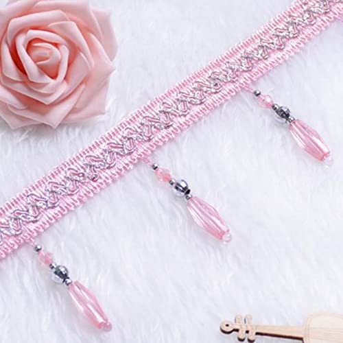 NIHUJALE Fransenbesatz, geflochtene Hängeperlen, 11 Yards Kristallperlen Quaste Fransenbesatz Vorhang Lampenschirme Rand Anhänger Home Polster DIY Dekoration Nähzubehör(Pink) von NIHUJALE