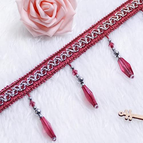NIHUJALE Fransenbesatz, geflochtene Hängeperlen, 11 Yards Kristallperlen Quaste Fransenbesatz Vorhang Lampenschirme Rand Anhänger Home Polster DIY Dekoration Nähzubehör(Rose Red) von NIHUJALE