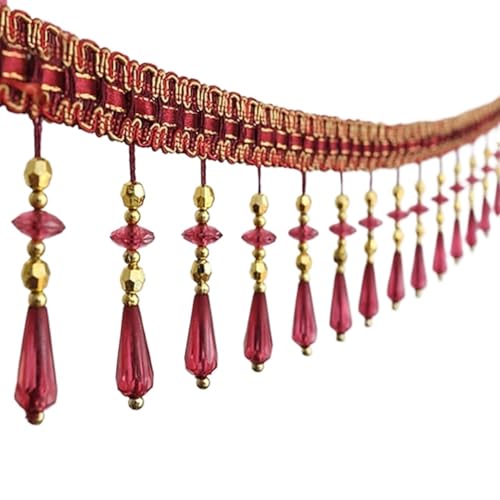 NIHUJALE Fransenbesatz, geflochtene Hängeperlen, 11 Yards Kristallperlenbesatz Quaste Fransen DIY Vorhang Nähen Trim Anhänger Zimmer Lampenschirme Sofa Dekorative Accessoires(Rose Red) von NIHUJALE