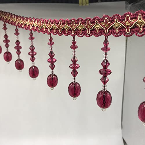 NIHUJALE Fransenbesatz, geflochtene Hängeperlen, 12 Meter Borte for Vorhanggeflecht, Perlenanhänger, Quaste, Nähen, Fransen, Heimdekoration, Hängeperlen, Stoffband, Besatz(Wine Red) von NIHUJALE