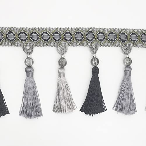 NIHUJALE Fransenbesatz, geflochtene Hängeperlen, 12 Meter Quastenfransenbesatz for Vorhänge, geflochtene Hängeperlen, dekorative Borte, Nähen, Basteln, Stoffbandbesatz(Grey) von NIHUJALE