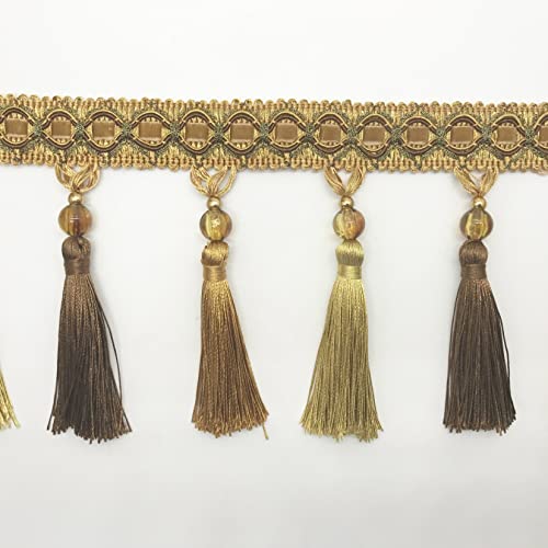 NIHUJALE Fransenbesatz, geflochtene Hängeperlen, 12 Meter Quastenfransenbesatz for Vorhänge, geflochtene Hängeperlen, dekorative Borte, Nähen, Basteln, Stoffbandbesatz(Light Brown) von NIHUJALE