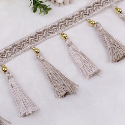NIHUJALE Fransenbesatz, geflochtene Hängeperlen, 12 Yards DIY Vorhang Nähen Trim Braid Fringe Stoff Band Trimmen(Beige) von NIHUJALE