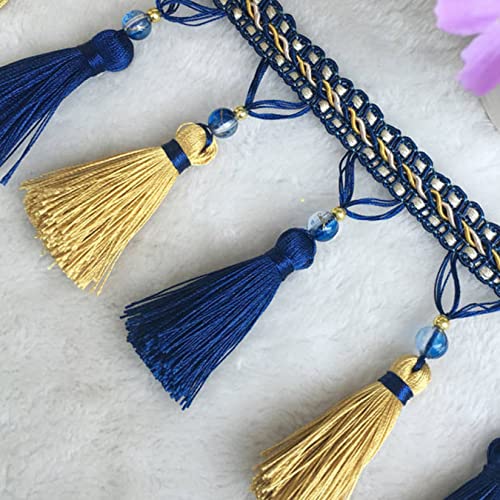 NIHUJALE Fransenbesatz, geflochtene Hängeperlen, 2 Meter Perlen Quaste Fransenbesatz Lampenschirme Tischdecke Anhänger Dekorative DIY Vorhang Nähen Trim Zopf Trimmen Spitze(Blue Gold) von NIHUJALE