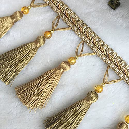 NIHUJALE Fransenbesatz, geflochtene Hängeperlen, 2 Meter Perlen Quaste Fransenbesatz Lampenschirme Tischdecke Anhänger Dekorative DIY Vorhang Nähen Trim Zopf Trimmen Spitze(Gold) von NIHUJALE