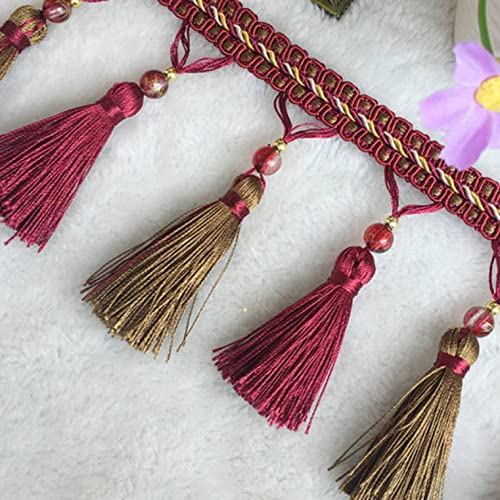 NIHUJALE Fransenbesatz, geflochtene Hängeperlen, 2 Meter Perlen Quaste Fransenbesatz Lampenschirme Tischdecke Anhänger Dekorative DIY Vorhang Nähen Trim Zopf Trimmen Spitze(Red Coffee) von NIHUJALE