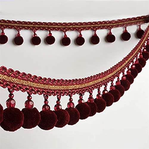 NIHUJALE Fransenbesatz, geflochtene Hängeperlen, 3 Meter Vorhang Borte Perlen Anhänger Zopf Quaste Ball Fringe DIY Nähen Handwerk Tisch Lampenschirme Dekorative(Wine Red) von NIHUJALE