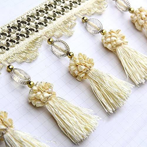 NIHUJALE Fransenbesatz, geflochtene Hängeperlen, 3 Yards Quaste Perlen Fransen for Vorhang Tisch Dekoration DIY Handwerk Nähen Trim Home Room Decor Polster Zubehör(Beige) von NIHUJALE