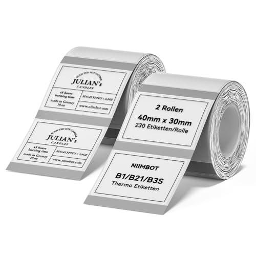 2 x Etiketten Kompatibel mit NIIMBOT B1 B21 B3S Etikettendrucker, 40 x 30mm Etikettierpapier, Schwarzer Druck auf Weißem Etikettierpapier, 230 Etiketten/Pro Rolle (Transparent) von NIIMBOT