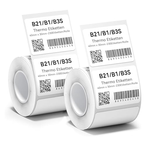 2 x Etiketten Kompatibel mit NIIMBOT B1 B21 B3S Etikettendrucker, 40 x 30mm Etikettierpapier, Schwarzer Druck auf Weißem Etikettierpapier, 230 Etiketten/Pro Rolle (Weiß) von NIIMBOT