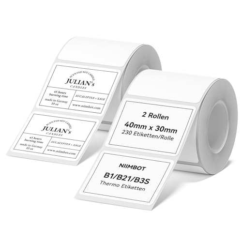 2 x Etiketten Kompatibel mit NIIMBOT B1 B21 B3S Etikettendrucker, 40 x 30mm Etikettierpapier, Schwarzer Druck auf Weißem Etikettierpapier, 230 Etiketten/Pro Rolle (Weiß) von NIIMBOT