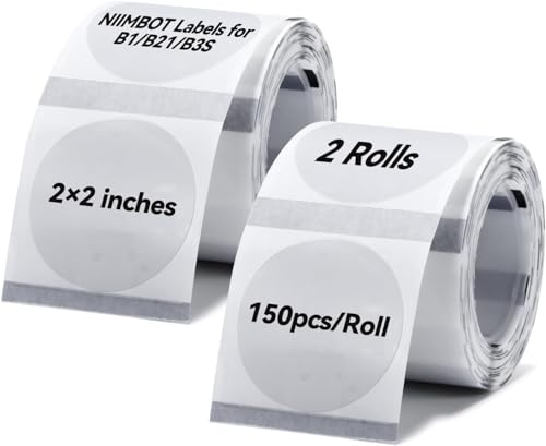 2 x Etiketten Kompatibel mit NIIMBOT B1 B21 B3S Etikettendrucker, 50 x 50mm Etikettierpapier, Schwarzer Druck auf Weißem Etikettierpapier, 150 Etiketten/Pro Rolle (Transparent, Runden) von NIIMBOT