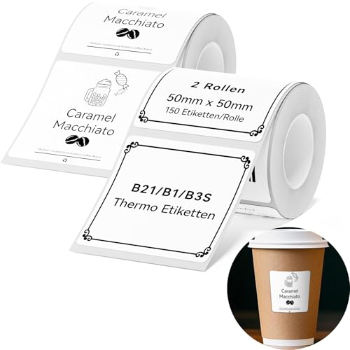 2 x Etiketten Kompatibel mit NIIMBOT B1 B21 B3S Etikettendrucker, 50 x 50mm Etikettierpapier, Schwarzer Druck auf Weißem Etikettierpapier, 150 Etiketten/Pro Rolle (Weiß) von NIIMBOT