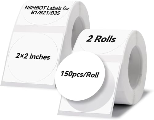 2 x Etiketten Kompatibel mit NIIMBOT B1 B21 B3S Etikettendrucker, 50 x 50mm Etikettierpapier, Schwarzer Druck auf Weißem Etikettierpapier, 150 Etiketten/Pro Rolle (Weiß, Runden) von NIIMBOT