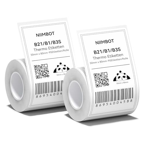 2 x Etiketten Kompatibel mit NIIMBOT B1 B21 B3S Etikettendrucker, 50 x 80mm Etikettierpapier, Schwarzer Druck auf Weißem Etikettierpapier, 95 Etiketten/Pro Rolle (Weiß) von NIIMBOT