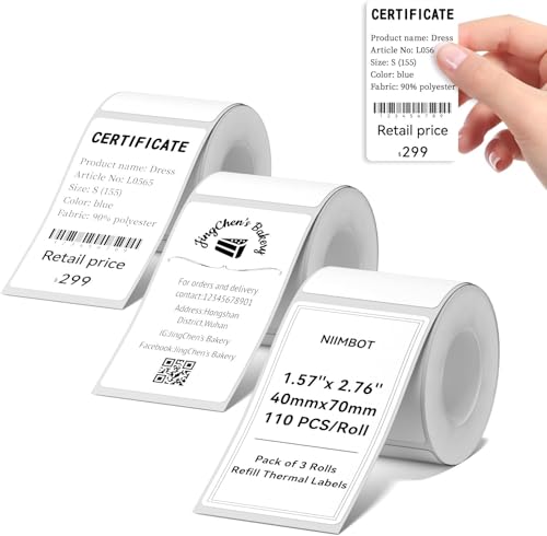 3 x Etiketten Kompatibel mit NIIMBOT B1 B21 B3S Etikettendrucker, 40 x 70mm Etikettierpapier, Schwarzer Druck auf Weißem Etikettierpapier, 110 Etiketten/Pro Rolle (Weiß) von NIIMBOT