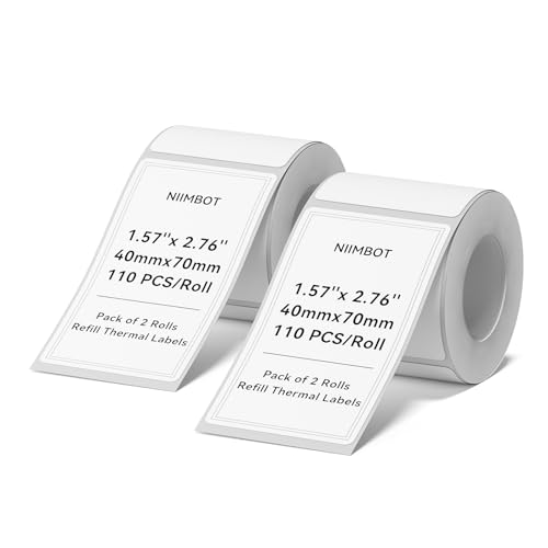 NIIMBOT 2 Rollen Etiketten für B1 B21 B3S, 40 x 70 mm, wasserdicht, öl- und reißfest, Thermodrucker-Etiketten, Schwarz auf Weiß von NIIMBOT