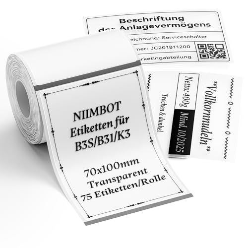NIIMBOT Etiketten 70 x 100mm 75 Etiketten pro Rolle, Selbstklebender Etikettenband für B3S B31 K3, 1 Rolle Thermo-Etikettenband für Supermärkte, Einzelhandel, Büro, Transparent NIIMBOT Etiketten 70 x 100mm 75 Etiketten pro Rolle, Selbstklebender Etikettenband für B3S B31 K3, 1 Rolle Thermo-Etikettenband für Supermärkte, Einzelhandel, Büro, Transparent von NIIMBOT