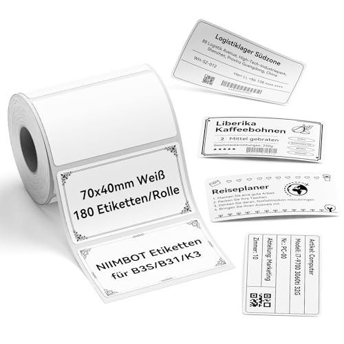 NIIMBOT Etiketten 70 x 40mm 180 Etiketten pro Rolle, Selbstklebender Etikettenband für B31 B3S K3 Etikettendrucker, 1 Rolle Thermo-Etikettenband für Supermärkte, Einzelhandel, Büro, Weiß von NIIMBOT