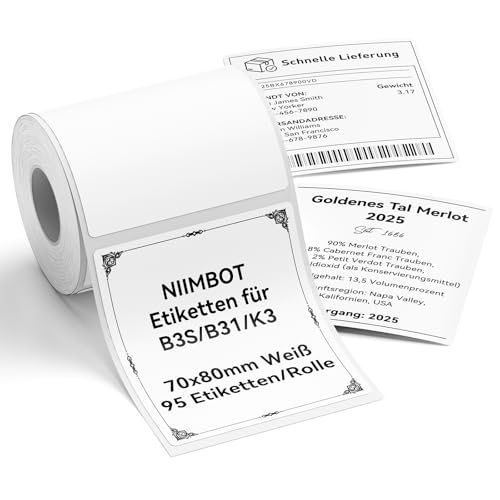 NIIMBOT Etiketten 70 x 80mm 95 Etiketten pro Rolle, Selbstklebender Etikettenband für B31 B3S K3 Etikettendrucker, 1 Rolle Thermo-Etikettenband für Supermärkte, Einzelhandel, Büro, Weiß von NIIMBOT