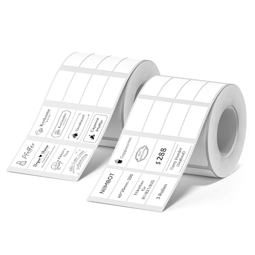 NIIMBOT Etiketten Selbstklebend Etikettenband für B21/ B1/ B3S Etikettendrucker, 10x20mmx4 Thermo Etikettenband für Büro, Schule, 300 Etiketten/Rolle (2-Rollen-Pack, Weiß) von NIIMBOT