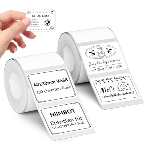 NIIMBOT Etiketten Selbstklebend Rolle für B21 / B1, 40mm x 30mm 230 Etiketten/Rolle, 2 Rollen Beschriftungsetiketten Aufkleber Bänder Wasserfest Abriebfest Thermopapier, Weiß von NIIMBOT