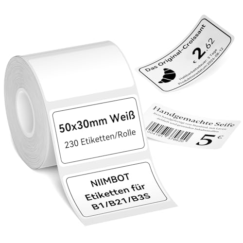 NIIMBOT Etiketten Selbstklebender Etikettenband für B21/ B1/ B3S Etikettendrucker, 50 x 30 mm, 1-Rollen Thermo-Etikettenband für Einzelhandel, Büro, 230 Etiketten/Rolle, Weiß von NIIMBOT