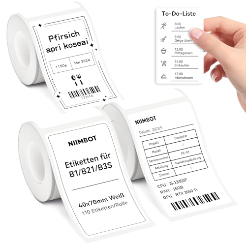 NIIMBOT Etiketten Selbstklebender Etikettenband für B1 / B21 / B3S Etikettendrucker, 40 x 70mm 110 Etiketten/Rolle, 3-Rollen Thermo-Etikettenband für Supermärkte, Einzelhandel, Büro, Weiß NIIMBOT Etiketten Selbstklebender Etikettenband für B1 / B21 / B3S Etikettendrucker, 40 x 70mm 110 Etiketten/Rolle, 3-Rollen Thermo-Etikettenband für Supermärkte, Einzelhandel, Büro, Weiß von NIIMBOT