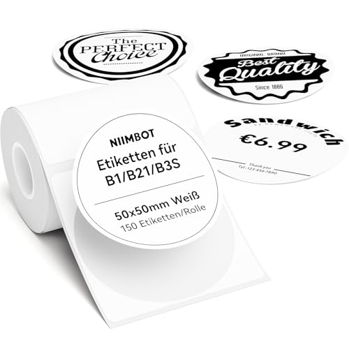 NIIMBOT Etiketten für B1 B21 B3S Etikettendrucker, 50 x 50mm 150 Etiketten/Rolle, 1 Rolle Selbstklebender Etikettenband Thermo-Etikettenband für Supermärkte, Einzelhandel, Büro, Weiß, Rund NIIMBOT Etiketten für B1 B21 B3S Etikettendrucker, 50 x 50mm 150 Etiketten/Rolle, 1 Rolle Selbstklebender Etikettenband Thermo-Etikettenband für Supermärkte, Einzelhandel, Büro, Weiß, Rund von NIIMBOT