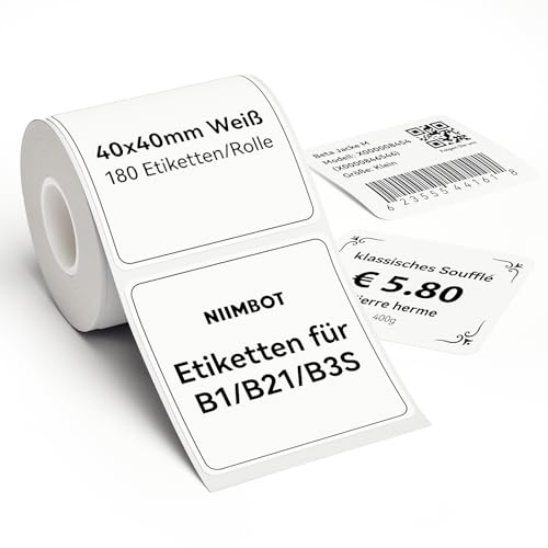 NIIMBOT Etiketten Selbstklebender Etikettenband für B1 B21 B3S Etikettendrucker, 40 x 40mm 180 Etiketten/Rolle, 1 Rolle Thermo-Etikettenband für Supermärkte, Einzelhandel, Büro, Weiß NIIMBOT Etiketten Selbstklebender Etikettenband für B1 B21 B3S Etikettendrucker, 40 x 40mm 180 Etiketten/Rolle, 1 Rolle Thermo-Etikettenband für Supermärkte, Einzelhandel, Büro, Weiß von NIIMBOT