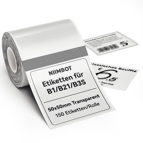NIIMBOT Etiketten Selbstklebender Etikettenband für B1 B21 B3S Etikettendrucker, 50 x 50mm 150 Etiketten/Rolle, 1 Rolle Thermo-Etikettenband für Supermärkte, Einzelhandel, Büro, Transparent NIIMBOT Etiketten Selbstklebender Etikettenband für B1 B21 B3S Etikettendrucker, 50 x 50mm 150 Etiketten/Rolle, 1 Rolle Thermo-Etikettenband für Supermärkte, Einzelhandel, Büro, Transparent von NIIMBOT