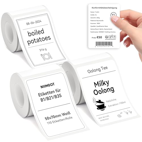 NIIMBOT Etiketten Selbstklebender Etikettenband für B1 B21 B3S Etikettendrucker, 50 x 70mm 110 Etiketten/Rolle, 3-Rollen Thermo-Etikettenband für Supermärkte, Einzelhandel, Büro, Weiß NIIMBOT Etiketten Selbstklebender Etikettenband für B1 B21 B3S Etikettendrucker, 50 x 70mm 110 Etiketten/Rolle, 3-Rollen Thermo-Etikettenband für Supermärkte, Einzelhandel, Büro, Weiß von NIIMBOT