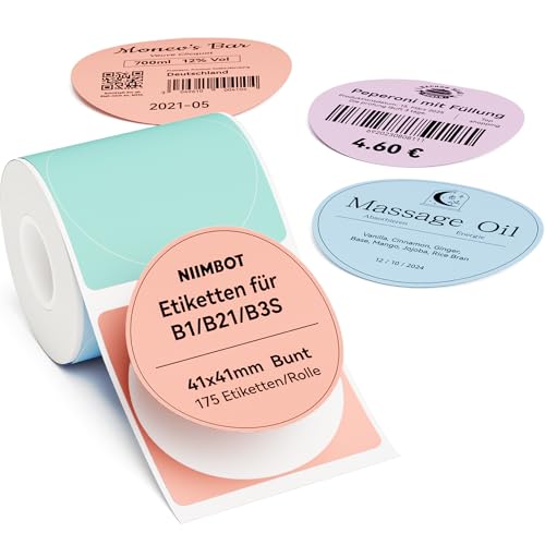 NIIMBOT Etiketten Selbstklebender Etikettenband für B21/ B1/ B3S Etikettendrucker, 41 x 41 mm, 1-Rollen Rund Thermo-Etikettenband für Home-Office-Etikettenbänder, 175 Etiketten/Rolle, Farbe NIIMBOT Etiketten Selbstklebender Etikettenband für B21/ B1/ B3S Etikettendrucker, 41 x 41 mm, 1-Rollen Rund Thermo-Etikettenband für Home-Office-Etikettenbänder, 175 Etiketten/Rolle, Farbe von NIIMBOT