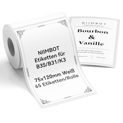 NIIMBOT Etiketten Selbstklebender Etikettenband für B31 B3S K3 Etikettendrucker, 75 x 120mm 65 Etiketten pro Rolle, 1 Rolle Thermo-Etikettenband für Supermärkte, Einzelhandel, Büro, Weiß NIIMBOT Etiketten Selbstklebender Etikettenband für B31 B3S K3 Etikettendrucker, 75 x 120mm 65 Etiketten pro Rolle, 1 Rolle Thermo-Etikettenband für Supermärkte, Einzelhandel, Büro, Weiß von NIIMBOT