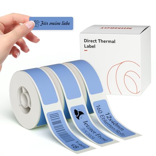 NIIMBOT Etiketten Selbstklebender Etikettenband für D110/D11/D101 Etikettendrucker, 12 x 40mm (0,47'' x 1,57'') 160 Etiketten/Rolle, 3-Rollen Thermo-Etikettenband für Home-Office-Etikettenbänder, Blau von NIIMBOT