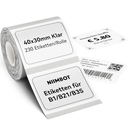 NIIMBOT Etiketten Selbstklebender Etikettenband für B1 / B21 / B3S Etikettendrucker, 40 x 30mm 230 Etiketten/Rolle, 1 Rolle Thermo-Etikettenband für Supermärkte, Einzelhandel, Büro, Klar NIIMBOT Etiketten Selbstklebender Etikettenband für B1 / B21 / B3S Etikettendrucker, 40 x 30mm 230 Etiketten/Rolle, 1 Rolle Thermo-Etikettenband für Supermärkte, Einzelhandel, Büro, Klar von NIIMBOT