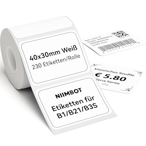 NIIMBOT Etiketten Selbstklebender Etikettenband für B1 / B21 / B3S Etikettendrucker, 40 x 30mm 230 Etiketten/Rolle, 1 Rolle Thermo-Etikettenband für Supermärkte, Einzelhandel, Büro, Weiß NIIMBOT Etiketten Selbstklebender Etikettenband für B1 / B21 / B3S Etikettendrucker, 40 x 30mm 230 Etiketten/Rolle, 1 Rolle Thermo-Etikettenband für Supermärkte, Einzelhandel, Büro, Weiß von NIIMBOT
