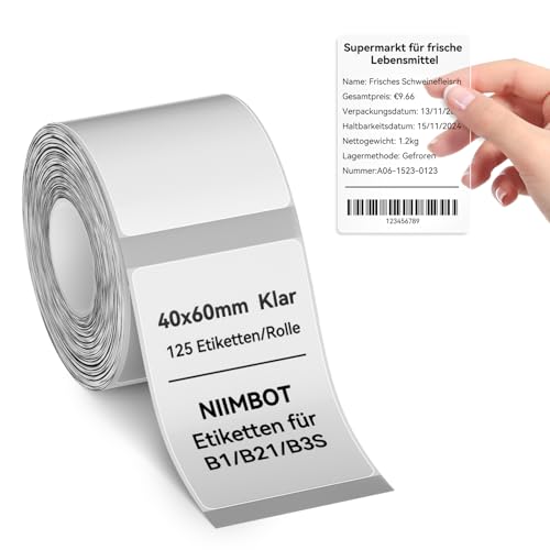 NIIMBOT Etiketten Selbstklebender Etikettenband für B1 / B21 / B3S Etikettendrucker, 40 x 60mm 125 Etiketten/Rolle, 1 Rolle Thermo-Etikettenband für Supermärkte, Einzelhandel, Büro, Klar, Transparent NIIMBOT Etiketten Selbstklebender Etikettenband für B1 / B21 / B3S Etikettendrucker, 40 x 60mm 125 Etiketten/Rolle, 1 Rolle Thermo-Etikettenband für Supermärkte, Einzelhandel, Büro, Klar, Transparent von NIIMBOT