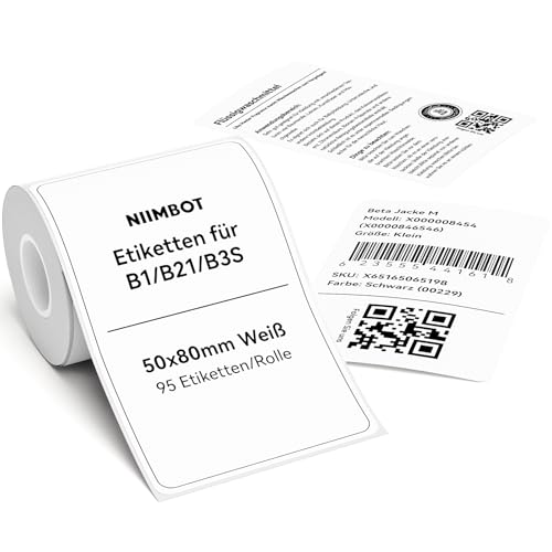 NIIMBOT Etiketten Selbstklebender Etikettenband für B1 / B21 / B3S Etikettendrucker, 50 x 80mm 95 Etiketten/Rolle, 1 Rolle Thermo-Etikettenband für Supermärkte, Einzelhandel, Büro, Weiß NIIMBOT Etiketten Selbstklebender Etikettenband für B1 / B21 / B3S Etikettendrucker, 50 x 80mm 95 Etiketten/Rolle, 1 Rolle Thermo-Etikettenband für Supermärkte, Einzelhandel, Büro, Weiß von NIIMBOT