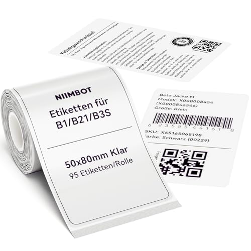 NIIMBOT Etiketten Selbstklebender Etikettenband für B1 / B21 / B3S Etikettendrucker, 50 x 80mm 95 Etiketten/Rolle, 1 Rolle Thermo-Etikettenband für Supermärkte, Einzelhandel, Büro, Klar NIIMBOT Etiketten Selbstklebender Etikettenband für B1 / B21 / B3S Etikettendrucker, 50 x 80mm 95 Etiketten/Rolle, 1 Rolle Thermo-Etikettenband für Supermärkte, Einzelhandel, Büro, Klar von NIIMBOT